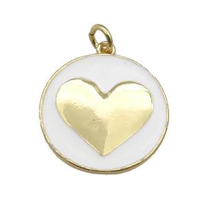 copper Circle pendant with white enamel, heart, gold plated, approx 20mm