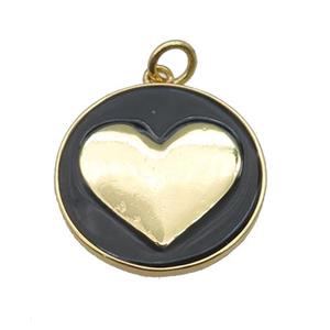 copper Circle pendant with black enamel, heart, gold plated, approx 20mm