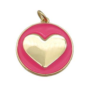 copper Circle pendant with hotpink enamel, heart, gold plated, approx 20mm