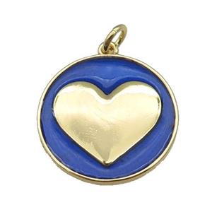 copper Circle pendant with blue enamel, heart, gold plated, approx 20mm