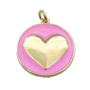 copper Circle pendant with pink enamel, heart, gold plated, approx 20mm