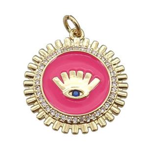 copper Circle pendant paved zircon with hotpink enamel, eye, gold plated, approx 20mm