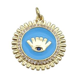 copper Circle pendant paved zircon with blue enamel, eye, gold plated, approx 20mm