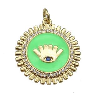 copper Circle pendant paved zircon with green enamel, eye, gold plated, approx 20mm