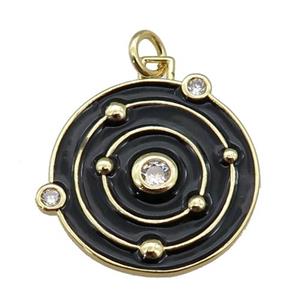 copper circle pendant with black enamel, planet, gold plated, approx 20mm