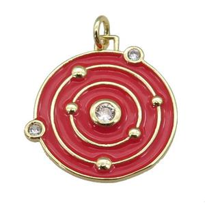 copper circle pendant with red enamel, planet, gold plated, approx 20mm