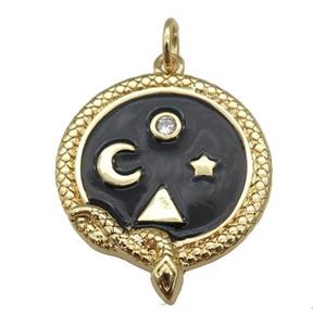copper circle pendant with black enamel, planet, gold plated, approx 19-22mm