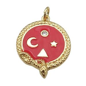 copper circle pendant with red enamel, planet, gold plated, approx 19-22mm