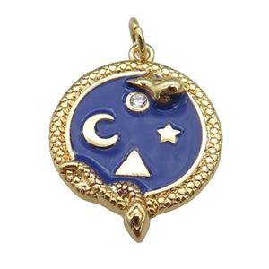 copper circle pendant with navyblue enamel, planet, gold plated, approx 19-22mm