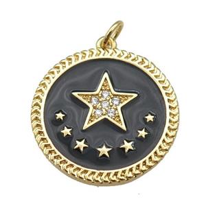 copper circle pendant with black enamel, star, gold plated, approx 22mm