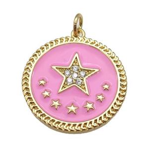 copper circle pendant with pink enamel, star, gold plated, approx 22mm