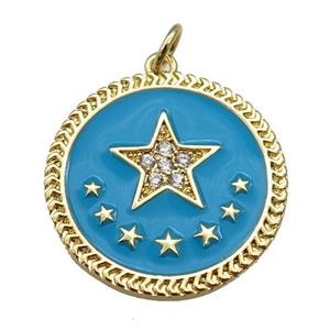copper circle pendant with blue enamel, star, gold plated, approx 22mm