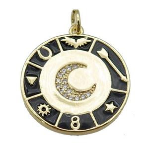 copper Circle Astrology pendant paved zircon with black enamel, moon, gold plated, approx 22mm