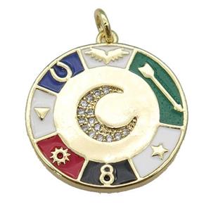copper Circle Astrology pendant paved zircon with enamel, moon, gold plated, approx 22mm