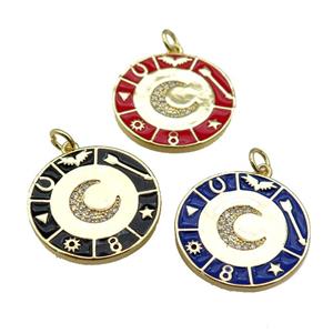 copper Circle Astrology pendant paved zircon with enamel, moon, gold plated, mixed, approx 22mm