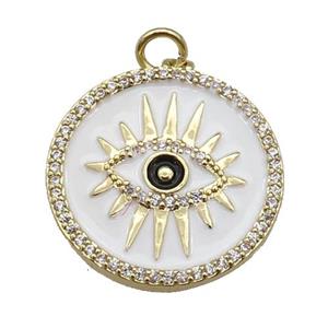 copper circle pendant paved zircon with white enamel, eye, gold plated, approx 21mm