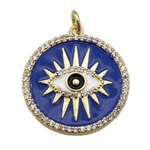 copper circle pendant paved zircon with navyblue enamel, eye, gold plated, approx 21mm