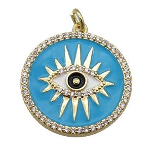 copper circle pendant paved zircon with blue enamel, eye, gold plated, approx 21mm