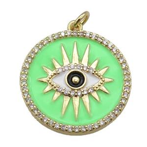 copper circle pendant paved zircon with green enamel, eye, gold plated, approx 21mm