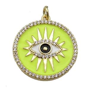 copper circle pendant paved zircon with yellow enamel, eye, gold plated, approx 21mm