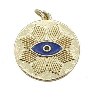 copper circle pendant with navyblue enamel eye, gold plated, approx 20mm