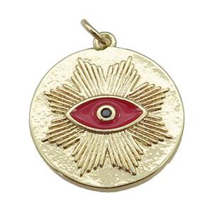 copper circle pendant with red enamel eye, gold plated, approx 20mm