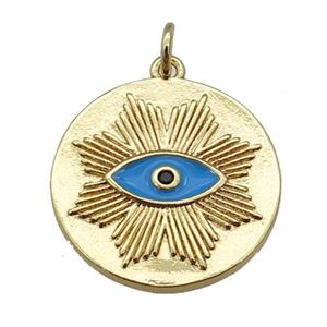 copper circle pendant with blue enamel eye, gold plated, approx 20mm