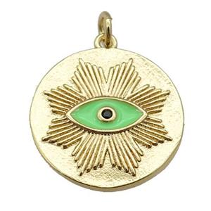 copper circle pendant with green enamel eye, gold plated, approx 20mm