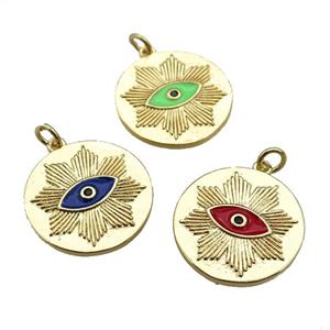 copper circle pendant with enamel eye, gold plated, mixed, approx 20mm