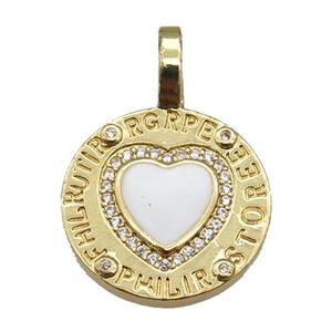 copper circle pendant paved zircon with white enamel heart, gold plated, approx 19-28mm