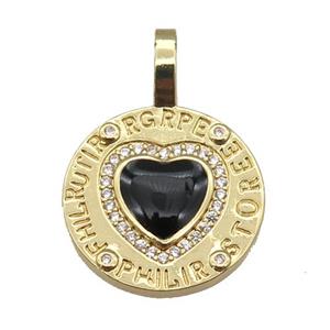 copper circle pendant paved zircon with black enamel heart, gold plated, approx 19-28mm