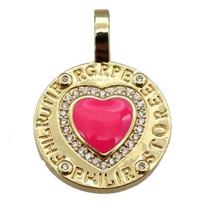 copper circle pendant paved zircon with red enamel heart, gold plated, approx 19-28mm