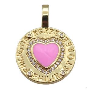 copper circle pendant paved zircon with pink enamel heart, gold plated, approx 19-28mm