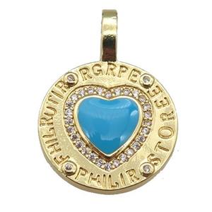 copper circle pendant paved zircon with blue enamel heart, gold plated, approx 19-28mm