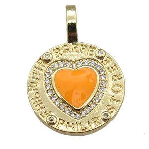 copper circle pendant paved zircon with orange enamel heart, gold plated, approx 19-28mm