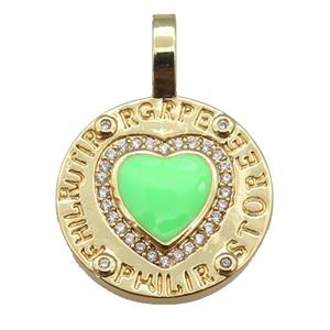 copper circle pendant paved zircon with green enamel heart, gold plated, approx 19-28mm