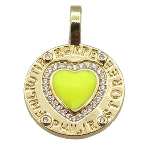 copper circle pendant paved zircon with yellow enamel heart, gold plated, approx 19-28mm