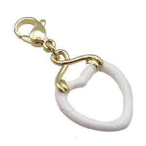 copper Lobster Clasp with white enamel heart, gold plated, approx 17-25mm, 10mm