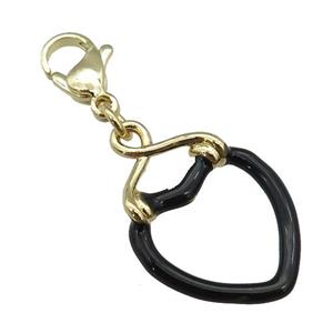copper Lobster Clasp with black enamel heart, gold plated, approx 17-25mm, 10mm