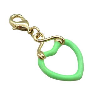 copper Lobster Clasp with green enamel heart, gold plated, approx 17-25mm, 10mm