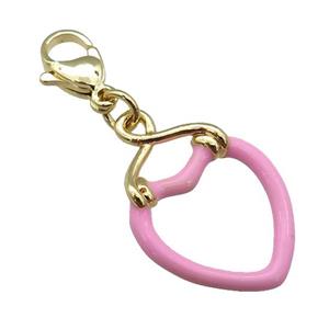 copper Lobster Clasp with pink enamel heart, gold plated, approx 17-25mm, 10mm