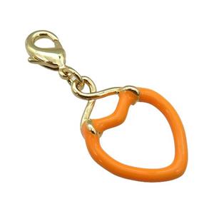 copper Lobster Clasp with orange enamel heart, gold plated, approx 17-25mm, 10mm
