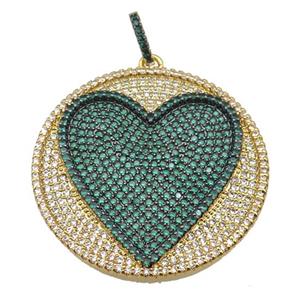 copper Heart pendant paved green zircon, circle, gold plated, approx 35mm