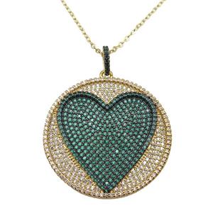 copper Necklace withe heart paved green zircon, gold plated, approx 35mm, 42-47cm length
