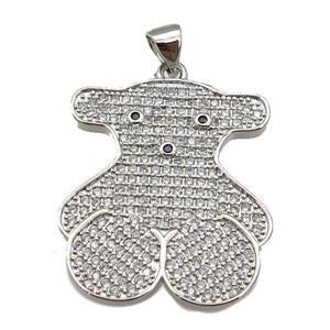 copper Bear pendant paved zircon, platinum plated, approx 23-28mm