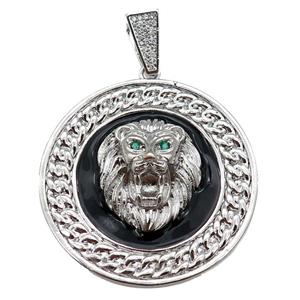 Copper Lion Pendant Black Enamel Circle Platinum Plated, approx 43mm