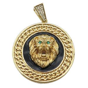 Copper Lion Pendant Black Enamel Circle Gold Plated, approx 43mm