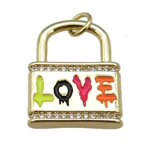 copper Lock pendant with multicolor enamel, LOVE, gold plated, approx 16-20mm