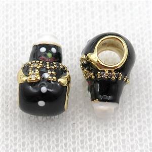 copper Christmas Snowman beads with black enamel, large hole, gold plated, approx 9-14mm, 4mm hole