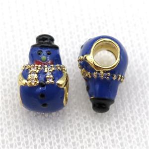 copper Christmas Snowman beads with blue enamel, large hole, gold plated, approx 9-14mm, 4mm hole